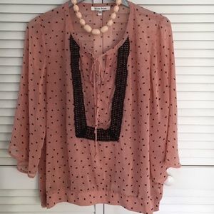 Dusty Rose Sheer Top with Black Lace - Mini leaves print all over.